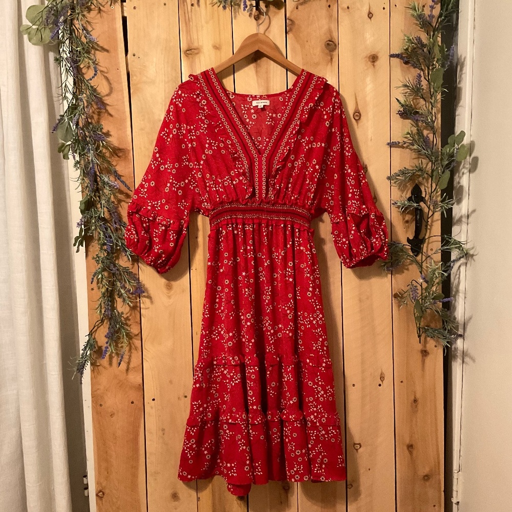 MAX STUDIO MAXI RED TIERED MAXI WITH WHITE FLOWERS